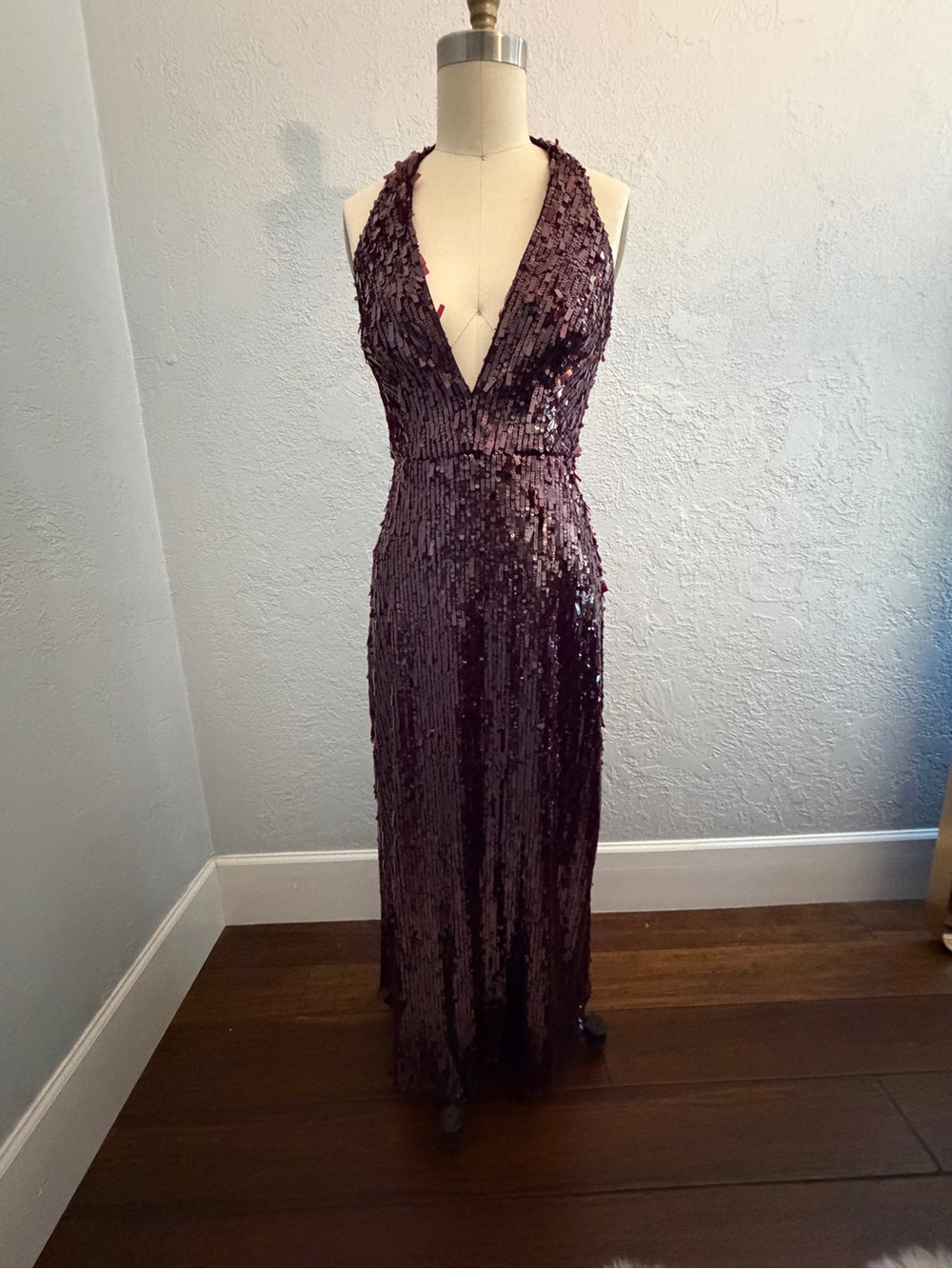 Halston! Burgundy Sequin Halter Gown | Open Back Formal Dress